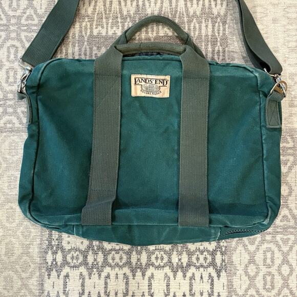 Lands End USA Green Canvas Square Rigger Travel Messenger Satchel Bag Vintage - Picture 2 of 12